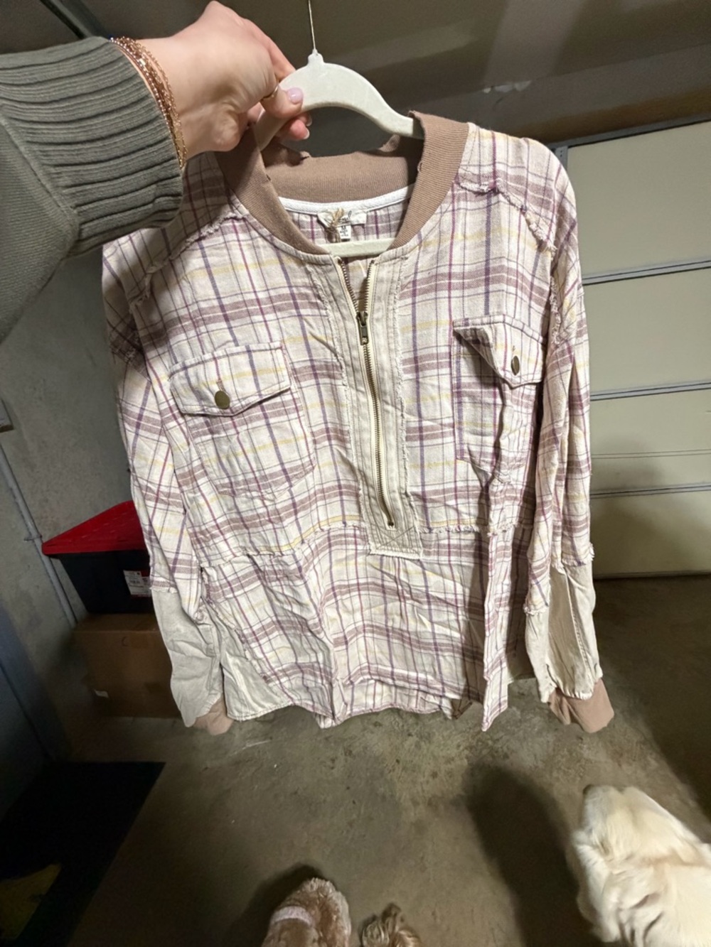 Easel Light Pink Plaid Shirt with Zip Front